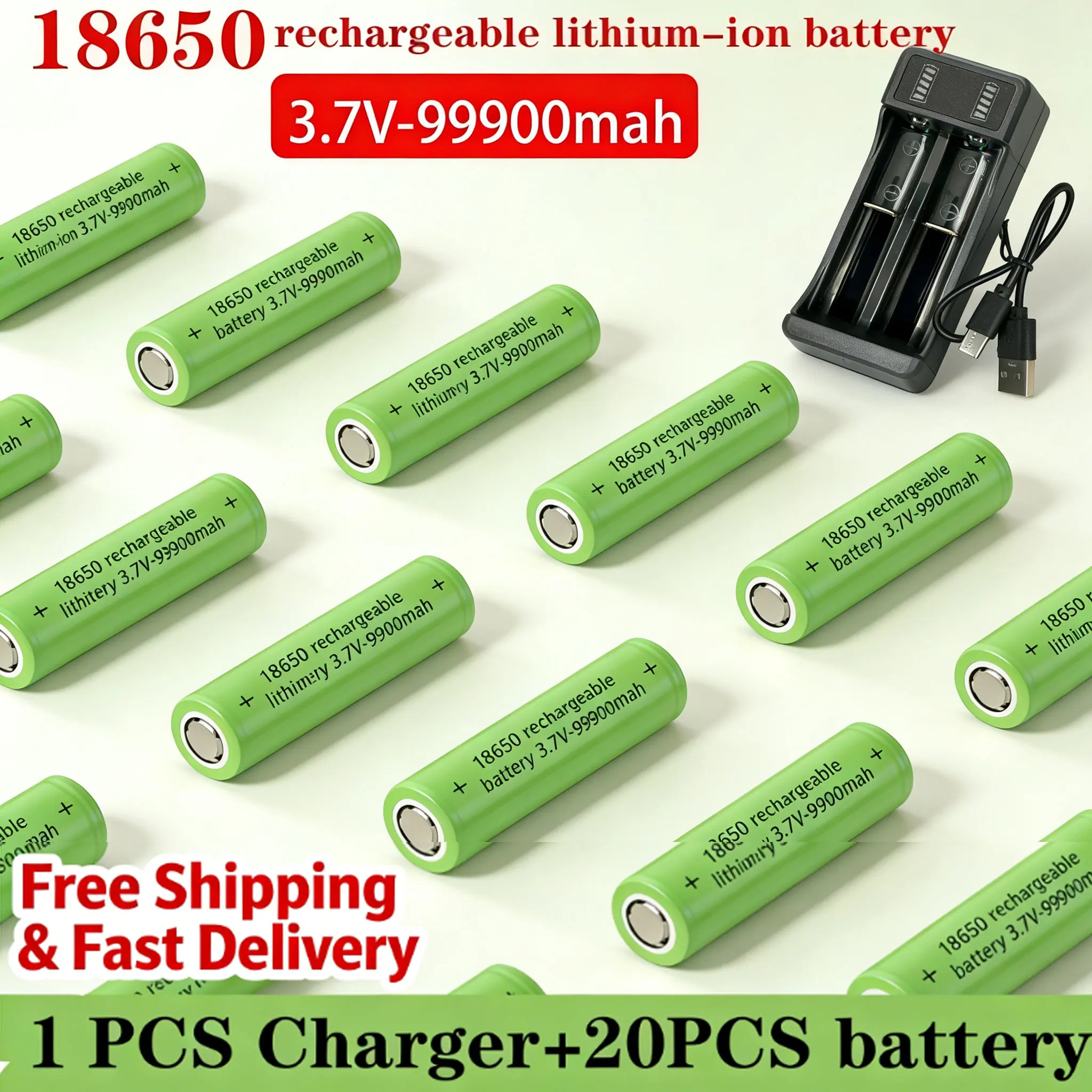 High Capacity 18650 Battery 99900mAh 3.7V Lithium-ion Rechargeable Battery + Charger for Flashlight, Toy