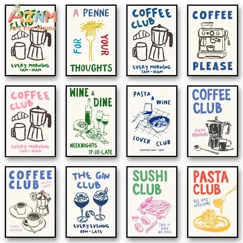 AZNM Retro Food Club Canvas Wall Art, Fun Ramen Pasta Pizza Cocktail Breakfast Hand Drawn Print, Trendy Dining Room Quote Poster