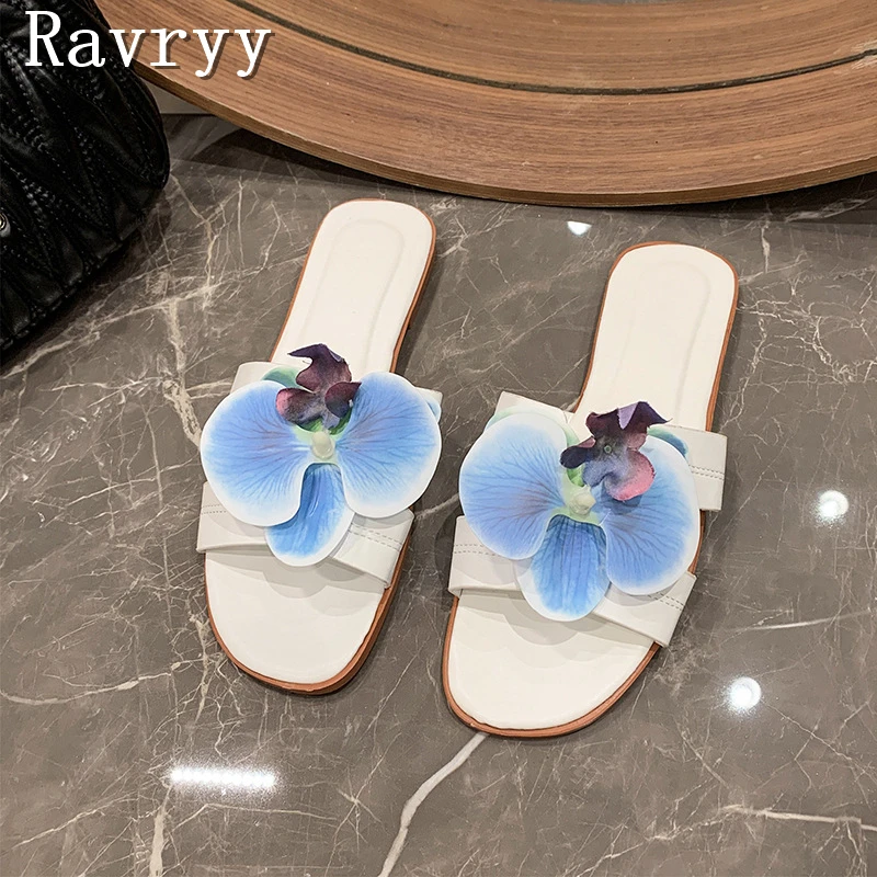 Summer New Butterfly Orchid Decor Slippers Designer Round Toe Flats Soft Sole Women's Mules Girls Outside Beach Shoes