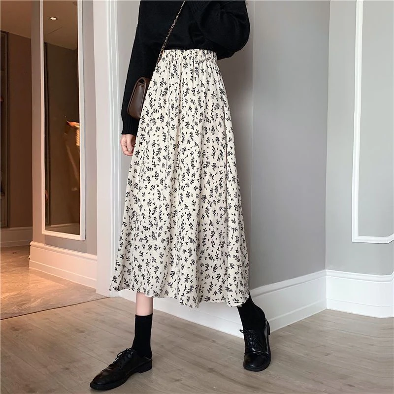 Vintage Floral Print Skirt Women Elegant A-Line Pleated Fairy Tulle Tiered Skirt High Waist Streetwear Mesh Ruffle Layered Skirt