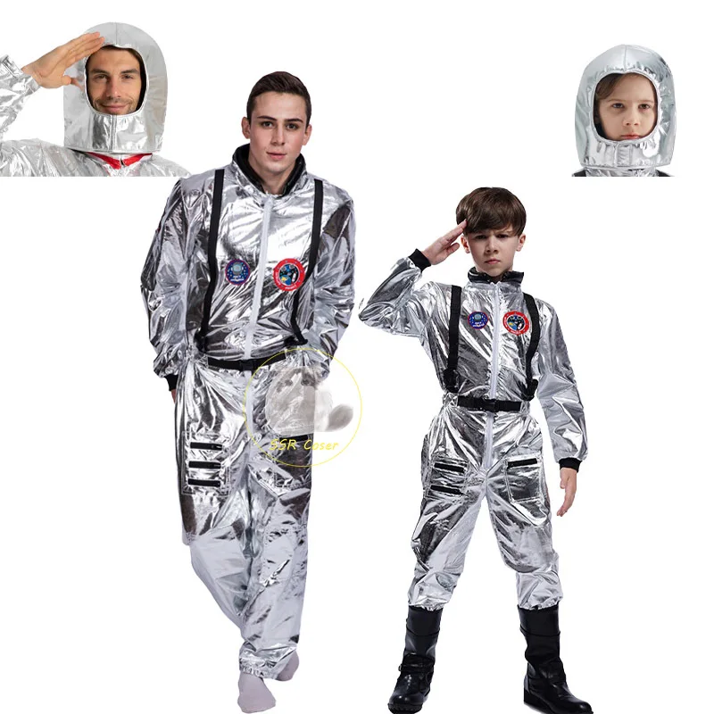 

Halloween Adult Children Astronaut Costume Silver Spaceman Men Women Space Suit Halloween Performance Costume Party Dress Up