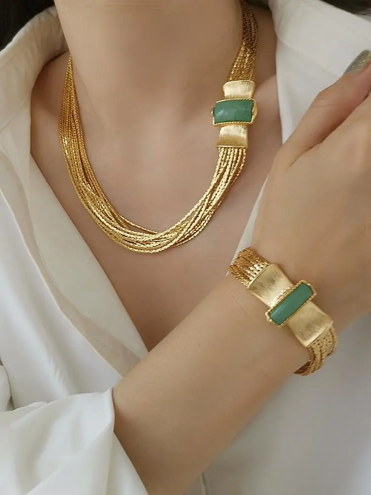 Brass Natural Blue Stone Aventurine Layered Chain Bracelet Women Men Lover Jewelry Designer T Show Runway Gown INS Japan Korean