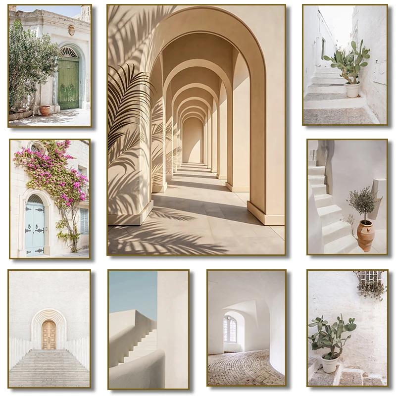 （2D Tin painting）Neutral Beige Minimalist Boho Scandinavian Architecture Arch Olive Tree Poster Canvas Painting Print Wall Ho