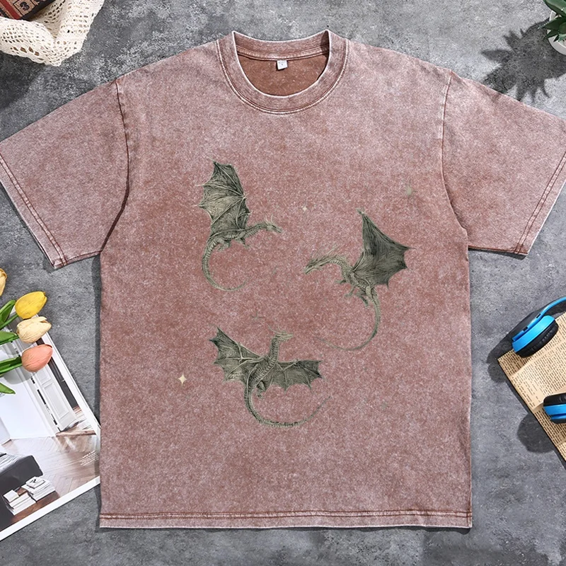 Flying Dragons T Shirt Vintage Washed Fantasy T-Shirts Book Reader Oversized Bookish T Shirts Cotton Short Sleeve Printed Tees