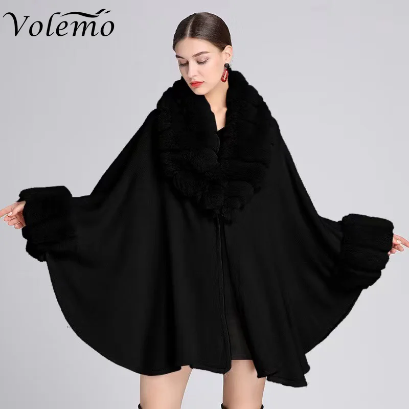 

Volemo Winter Women Big Long Shawl Full Trim Fur Knit Cloak Overcoat Parka Fall Elegant V Lapel Faux Rex Rabbit Fur Coat Cape