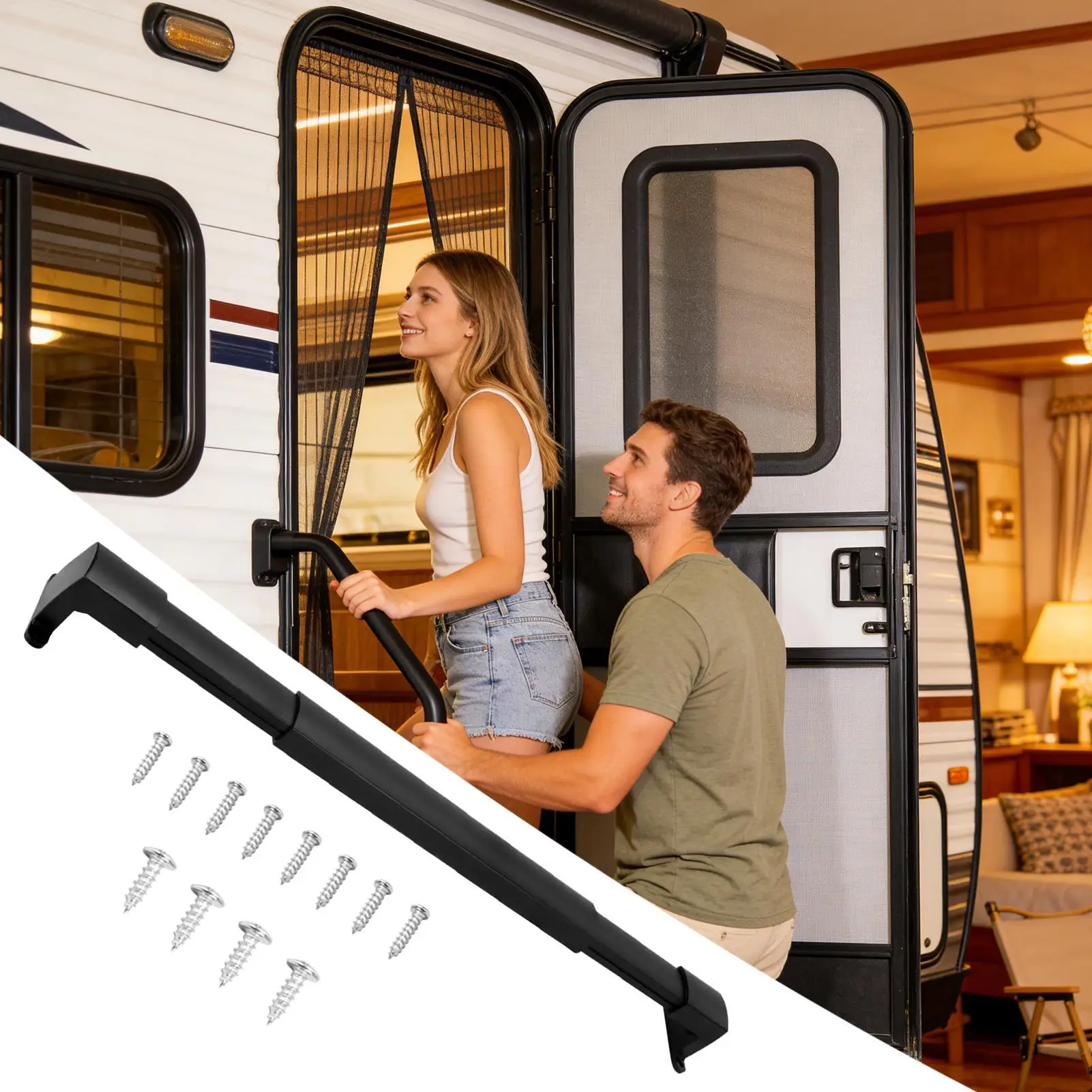 

RV Screen Door Bar Adjustable Heavy Duty Push Crossbar Screen Door Grab Bar for Trailer Travel Easy Exit Assist Pull Grip