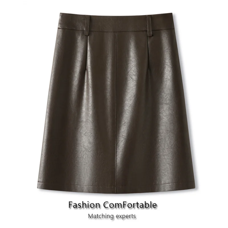 تنورة جلدية بنية للنساء، وتنورة شتوية أنيقة ورائعة متوسطة الطول لشخصيات صغيرة