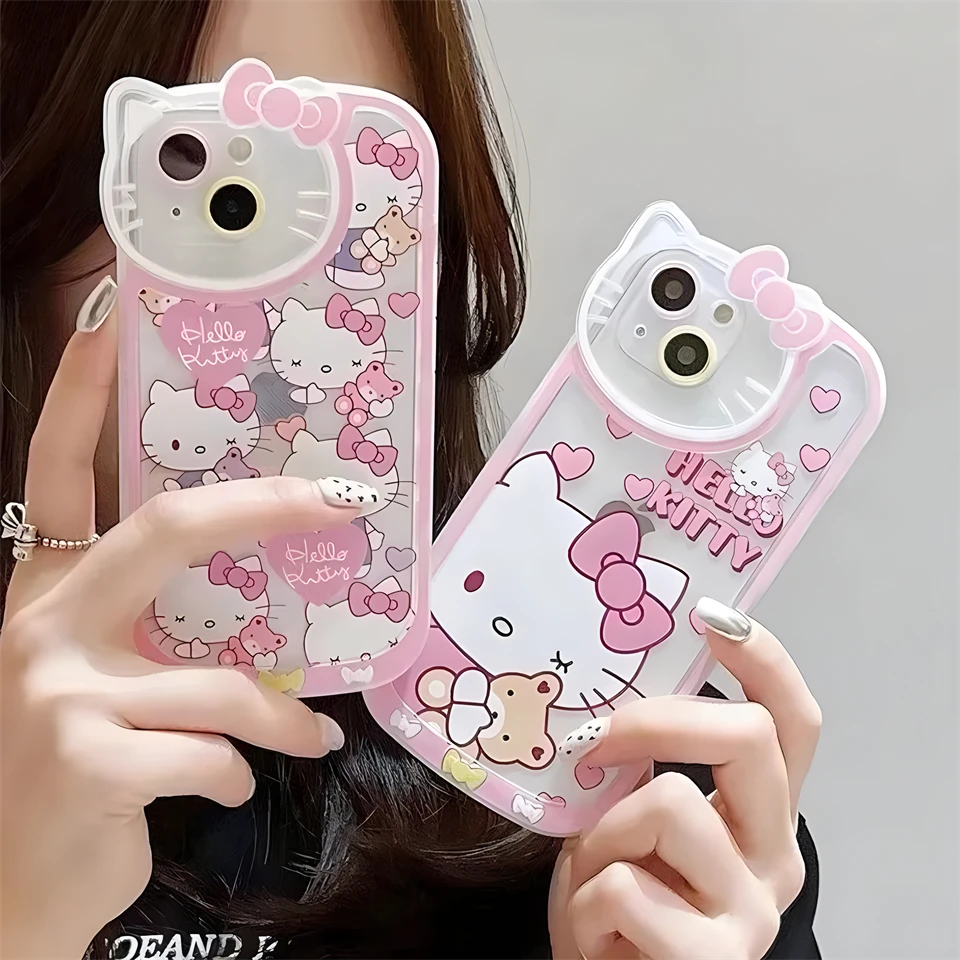 Sanrio Hello Kitty Cute Case For iPhone 15 14 13 12 11 Pro Max XR XS MAX 7 8 Plus Luxury Cartoon Transparent Cover Lady Girl Y2K