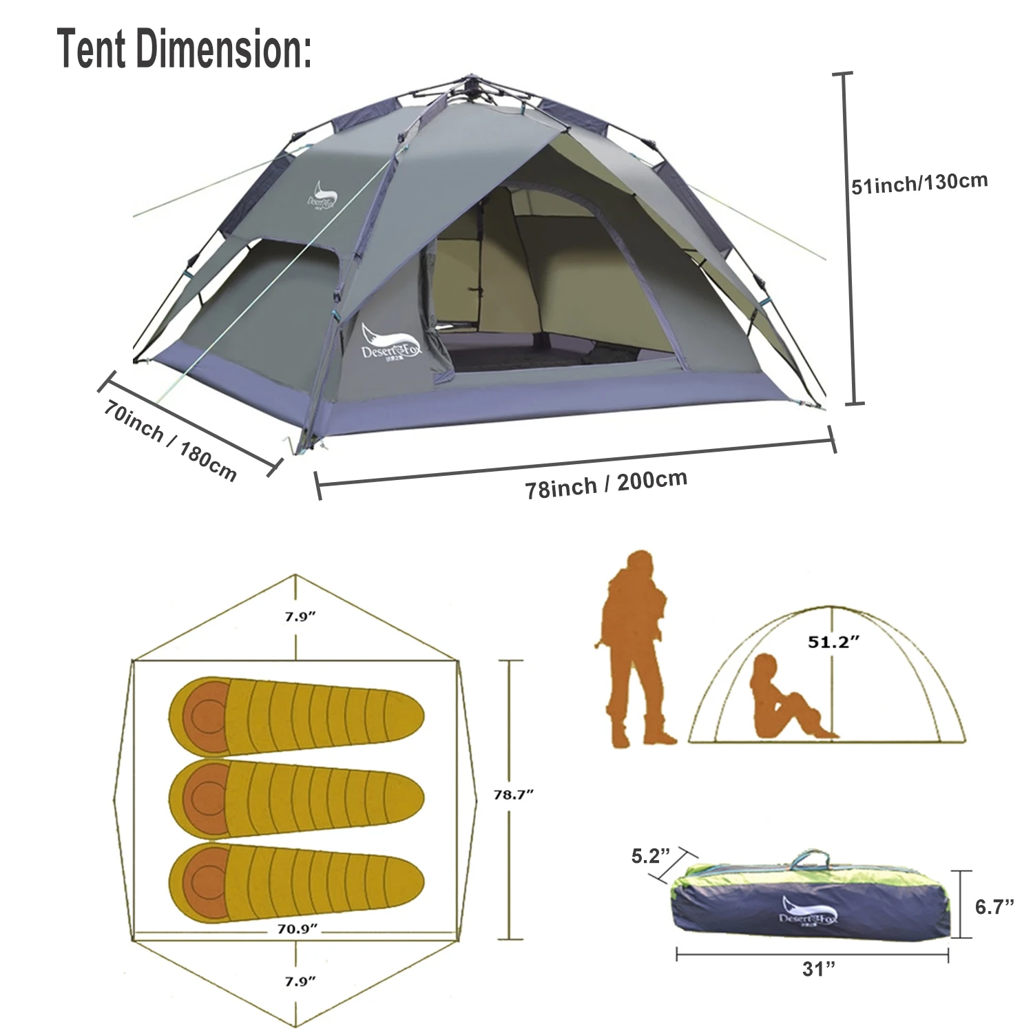 Desert Fox Tente de camping familiale pour l\'extérieur, 3 prêts hypothécaires, installation instantanée automatique, tente pop-up, 2/3 façons