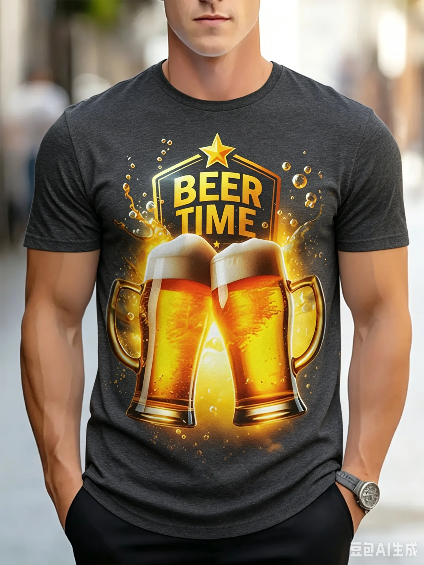 Vintage Beer Time Cheers Tee, Golden Beer Splash Full Print Men Short Sleeve Crew Neck Summer Casual