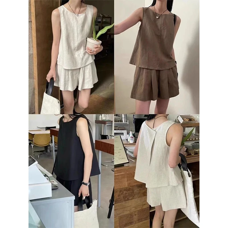 Women Summer Cotton and linen Simplicity Solid color O-neck sleeveless tank top Ladies Casual Appear thin wide leg Two piece set