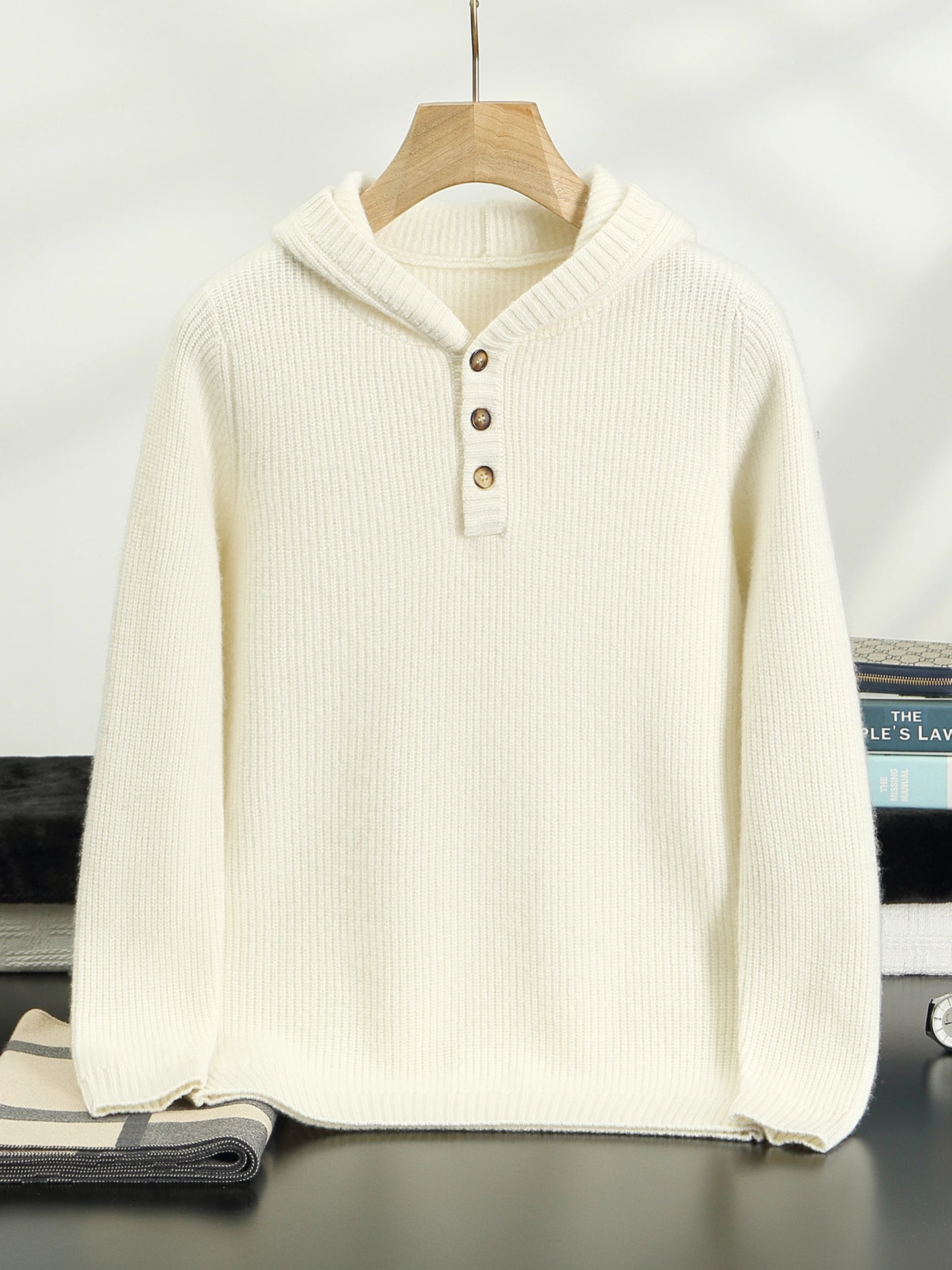 Autumn Winter High-end Men Pure Cashmere Pullover Sweater Hooded Soild Button Casual Thickend Sweater Versatile Knit Basic Layer