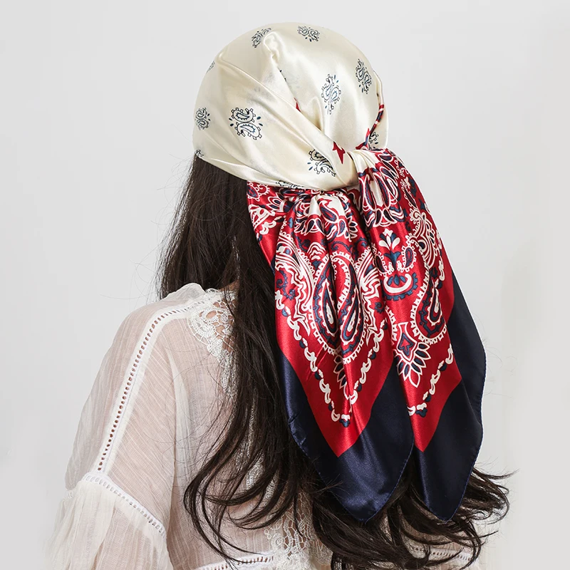 90 cm Platz Silk Schals Frauen Hijab Schals Paisley Cashew Blume Drucken Kopftuch Femme Kopf Schal Foulard Bandana Strand Pareo – Detail 11