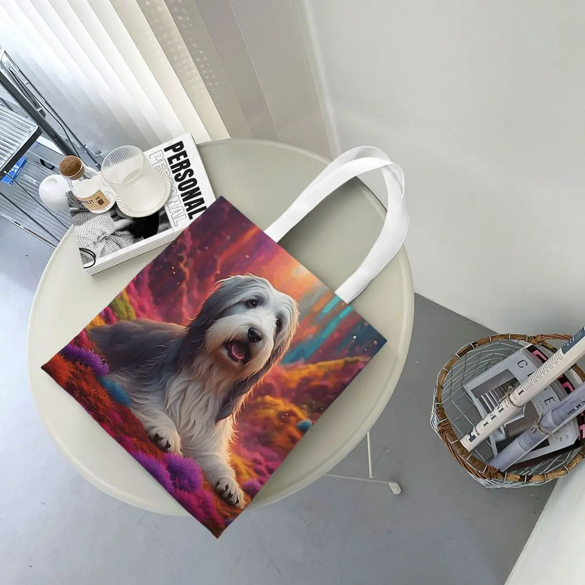 Bearded Collie Dog In Colorful Nature Shopping Bags Canvas The Tote Bag Foldable for Ladies Shoulder Tote Travel Handbag