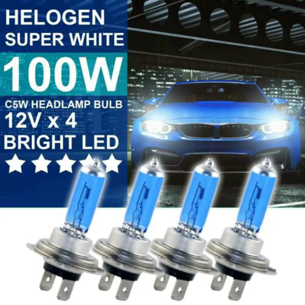 4pcs  White 12V H7 100W 6000K Halogen Lamp Super Bright Halogen Car Headlight Bulbs SUPERWHITE HALOGEN H7 Headlight Bulbs