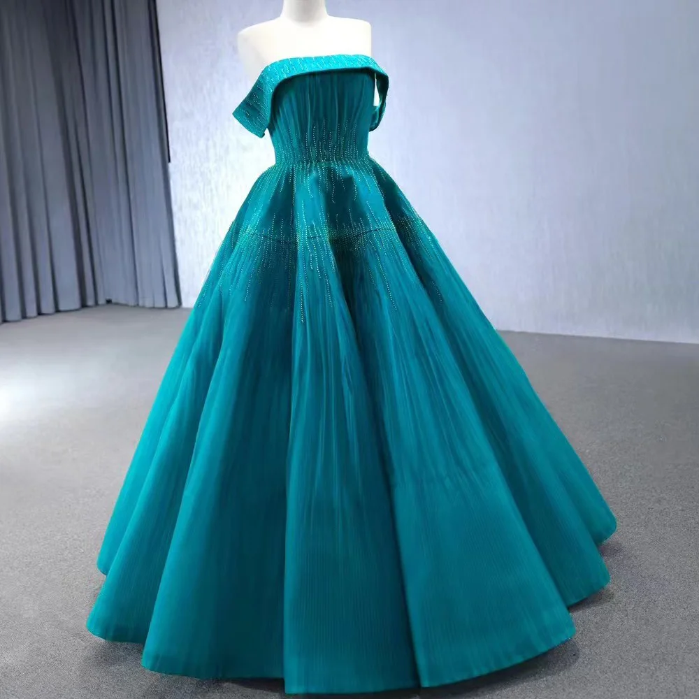 Robe de soirée bleue sans bretelles, épaules dénudées, dos à lacets et perles, personnalisable, pour femmes