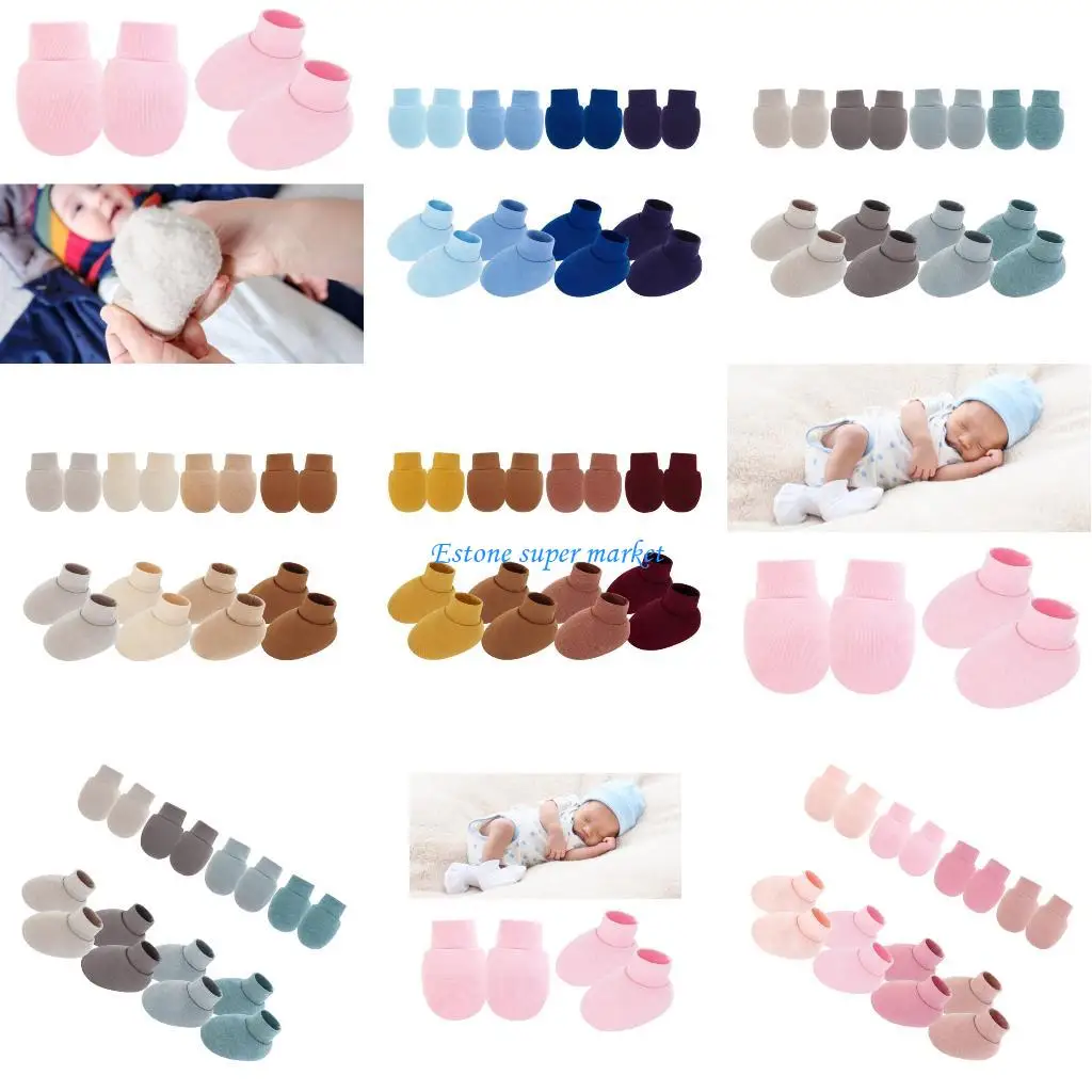 

090B Set of 4 Cotton Infant Anti Scratch Mittens with Elastic Cuffs Feature Soft Breathable Socks & Gloves for Newborns