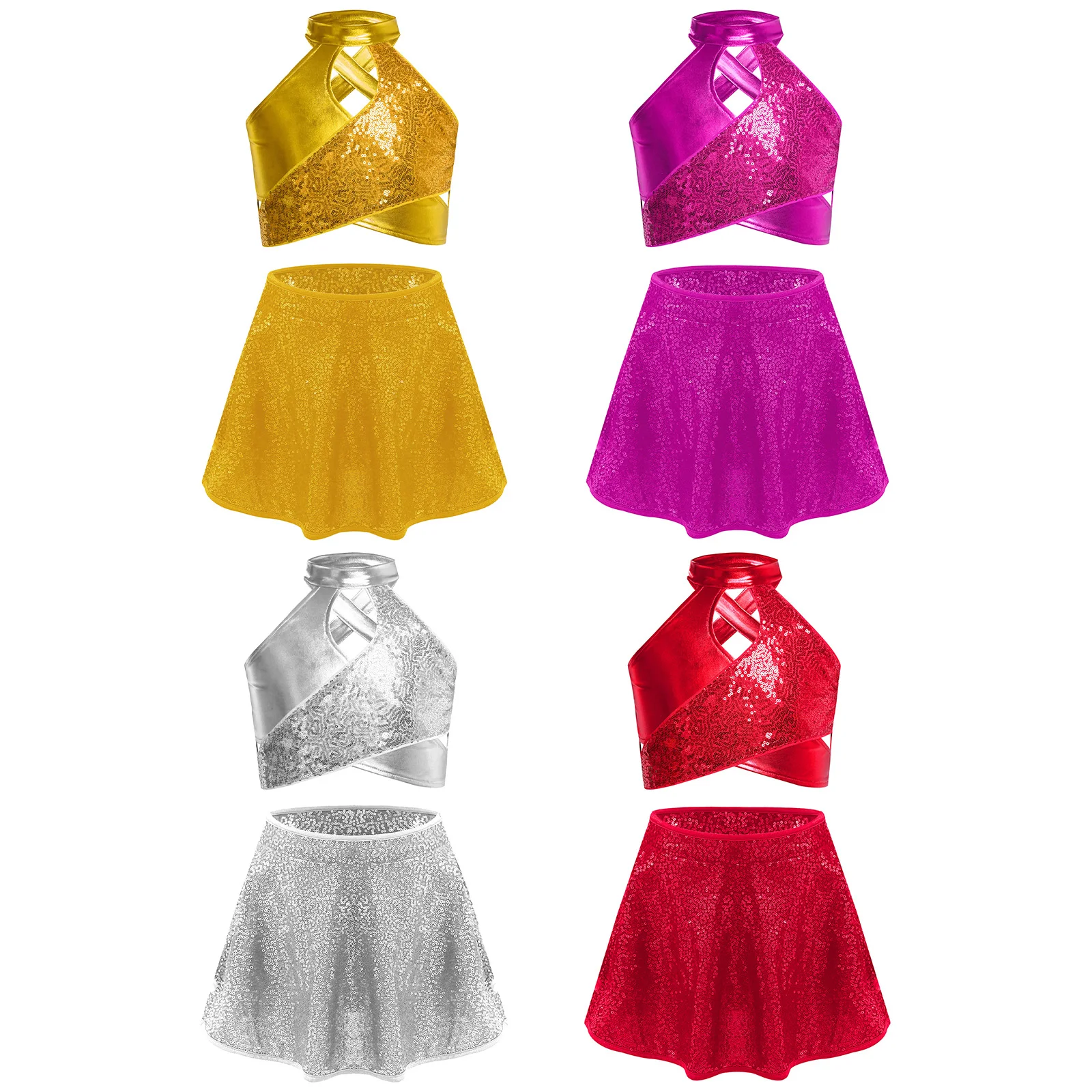 Girl Jazz Dance Outfit Sparkly Sequins Metallic Crop Top + A-Line Skirt for School Cheerleading Performance Costume Streetwear
