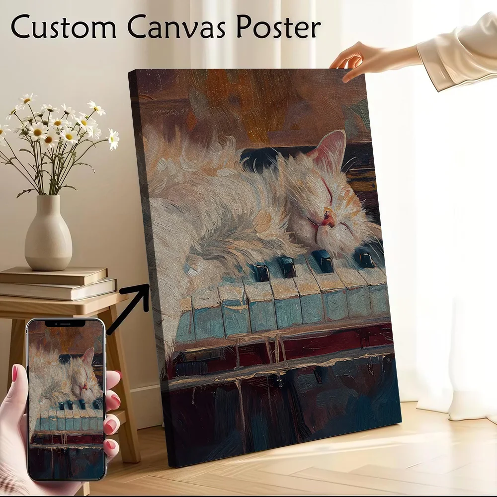 Sleeping Cat on Piano Keys Canvas Poster Customizable Printed Canvas Painting Wall Art for Fans Room Decoration Aesthetic Home