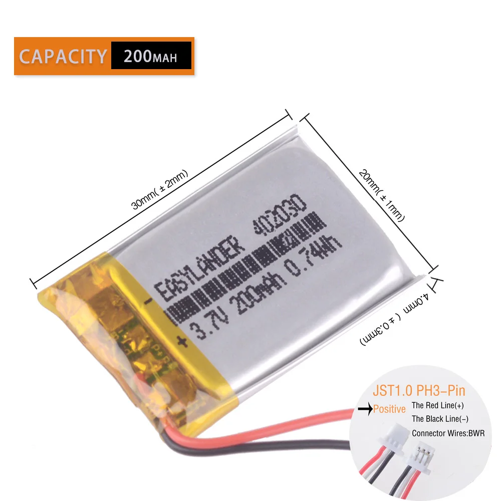 JST1.0mm 3Pin 802030 3.7V 500mAh  302030 402030 502030 602030 702030 902030 102030 Rechargeable Lithium Lipo Polymer Battery