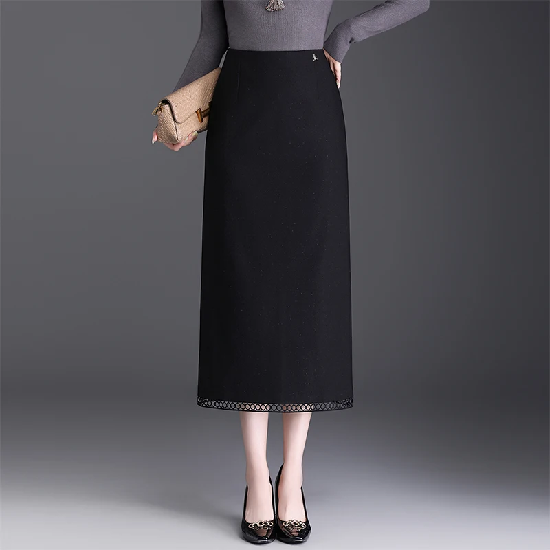 

Черная юбка-костюм с кружевными вставками, с завышенной талией, облегающая, в корейском стиле, для офиса, из полиэстера с микроэластаном