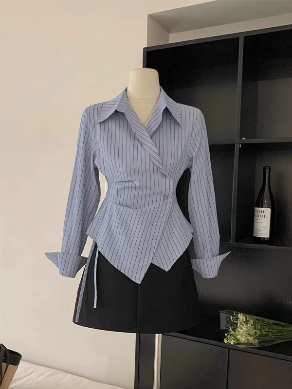 

Женский модный дизайн для похудения в полоску, корейский Sle, неравномерная линия талии, ранняя осень, Новое поступление, дышащий тонкий длинный...