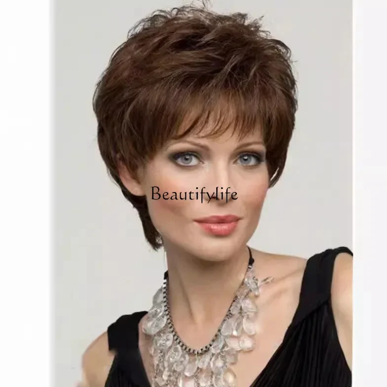 

Fashionable women's short curly brown micro curly full top fluffy short wig headband