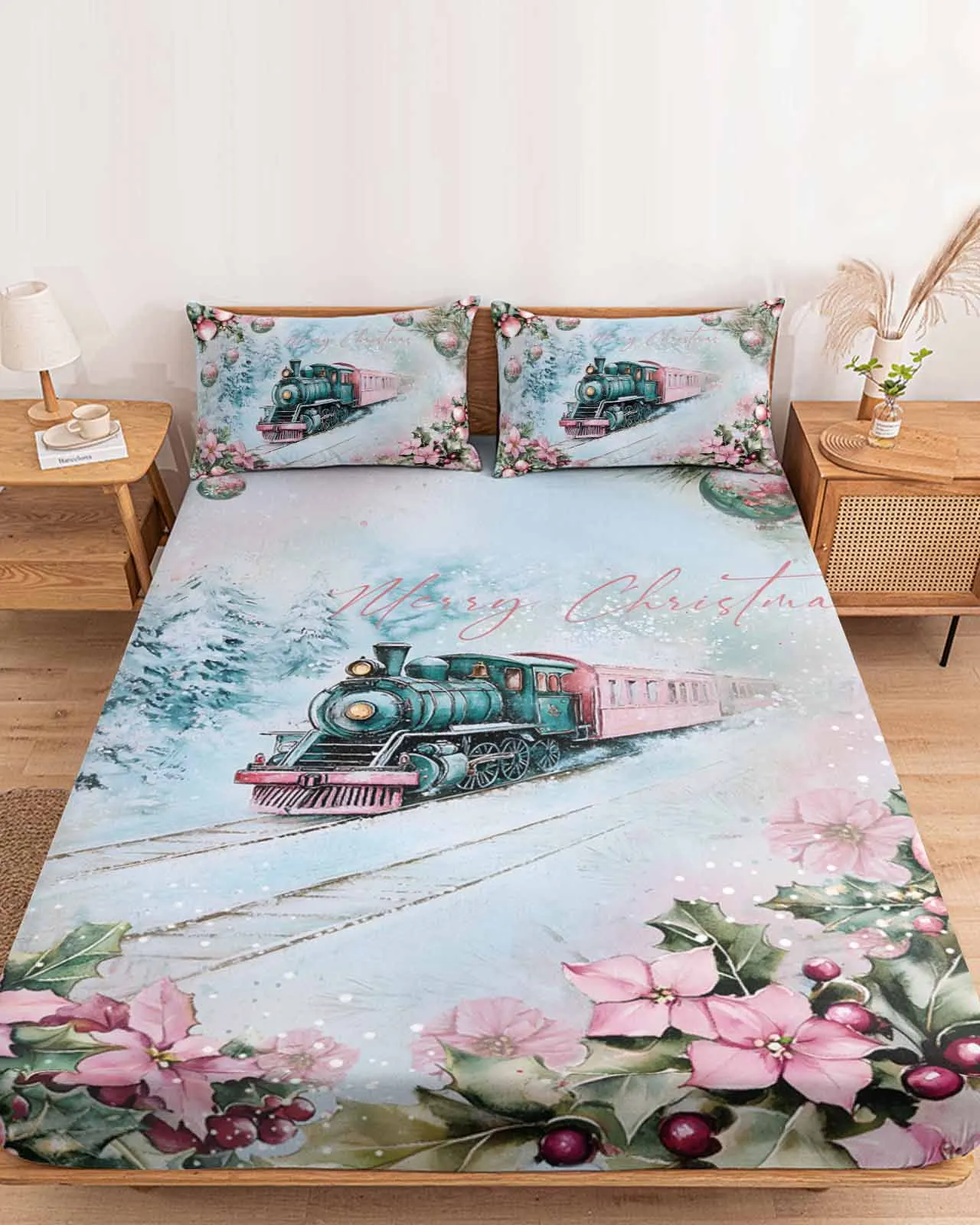 

Train Forest Snow Scenery Polyester Fitted Sheet Mattress Cover Four Corners Elastic Band Bed Sheet Pilllowcase