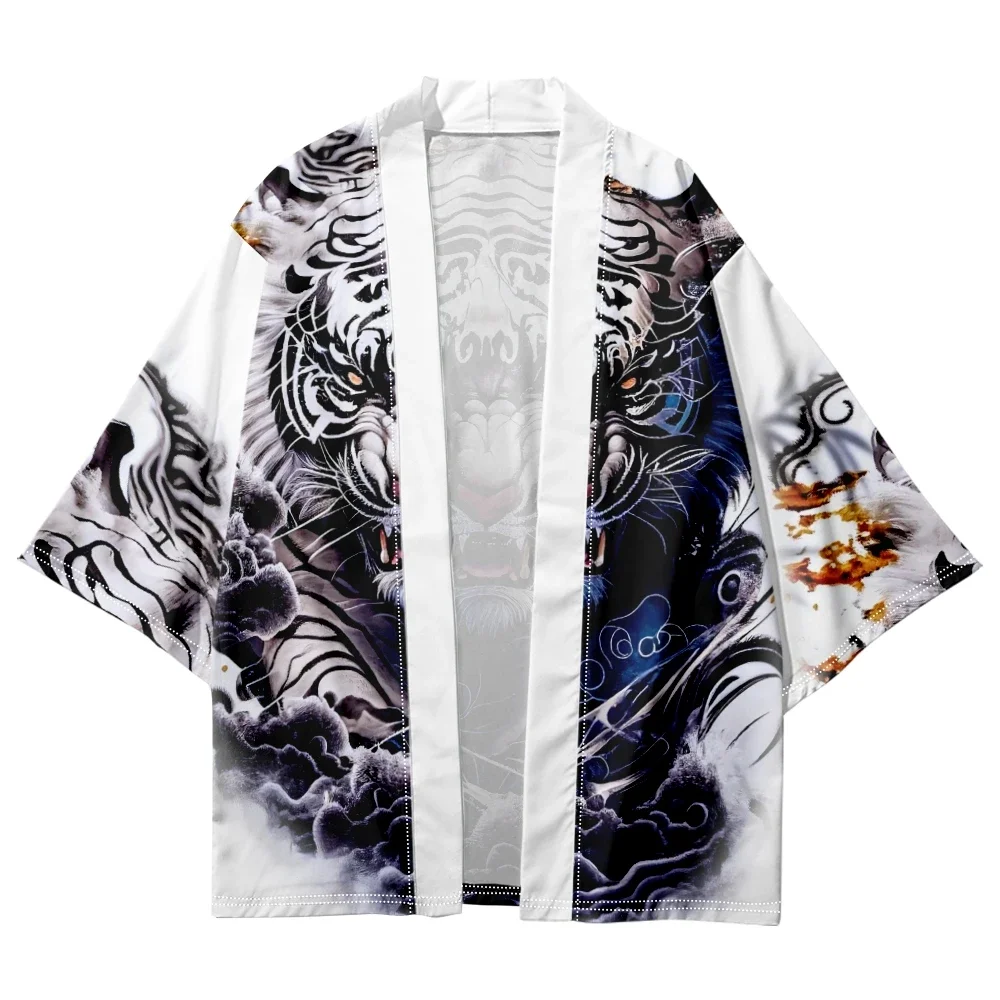 أنيمي الأبيض النمر طباعة ثوب الكيمونو الياباني الشارع الشهير الرجال النساء سترة Haori التقليدية شاطئ يوكاتا الملابس المتضخم