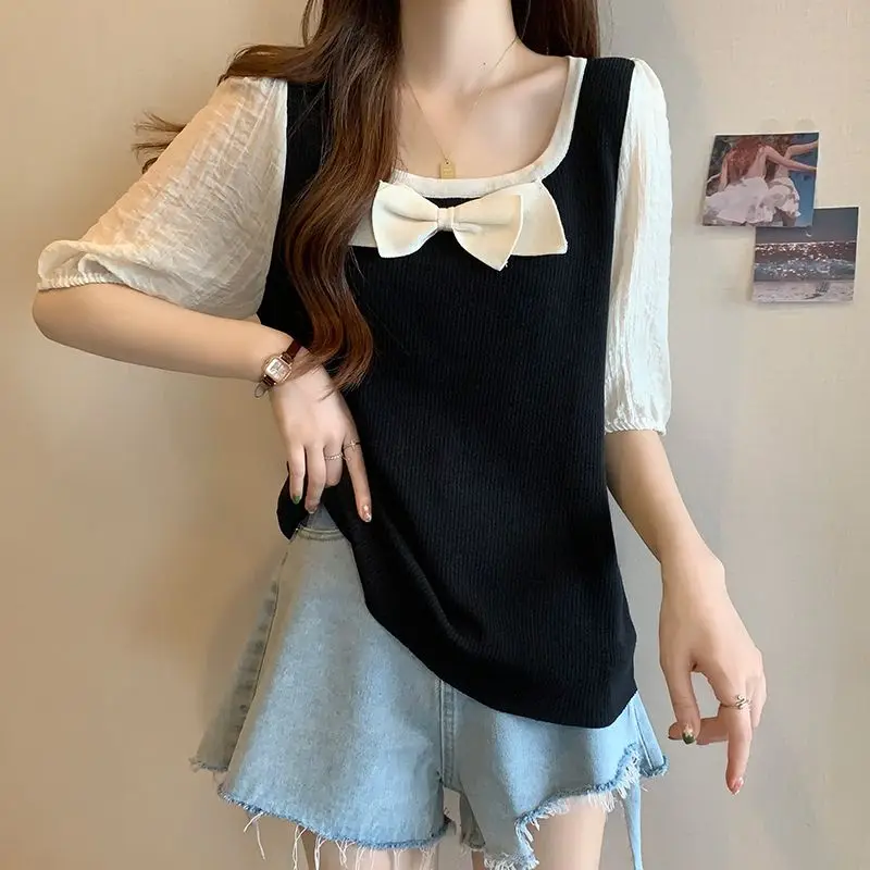 Fashion Square Collar Spliced Bow Fake Two Pieces T-Shirt Female Clothing 2024 Summer New Loose All-match Tops Sweet Tee Shirt