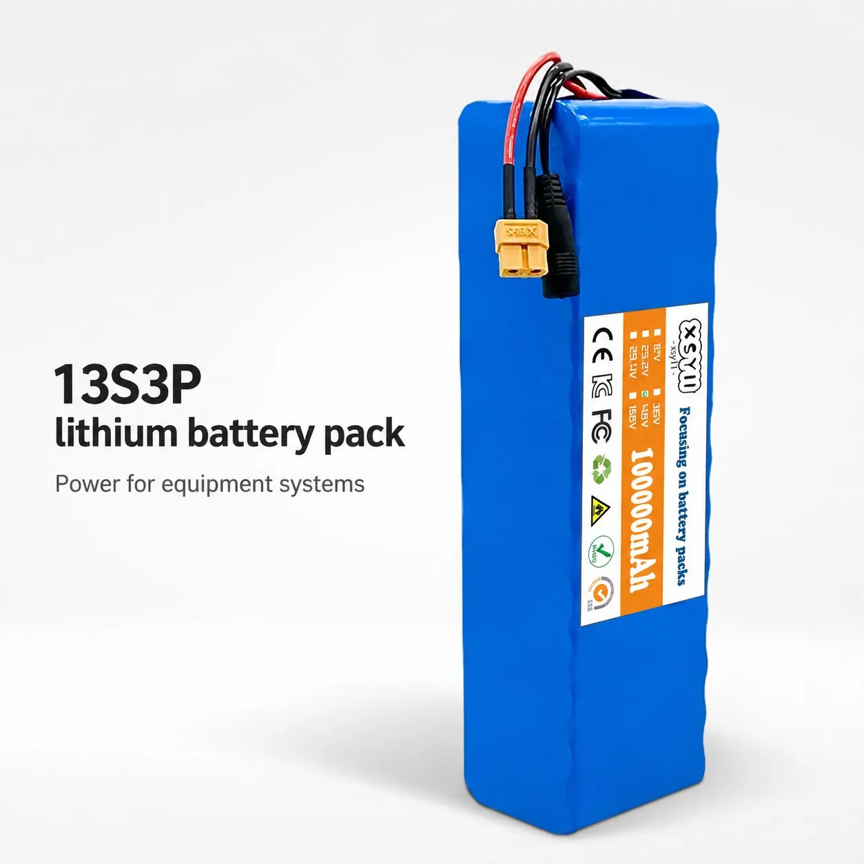 48V 13S3P 100Ah Li-Ion Battery Pack for Electric Scooter E Bike Repair Blue Soft Pack Connector Options Harness Match Check