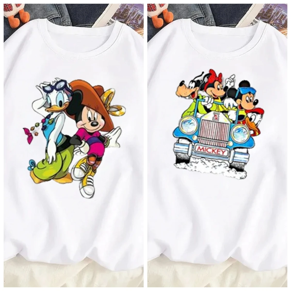 

Disney Retro Trendy Casual Mickey Minnie Printed T-shirt Summer Fun Pure Cotton Round Neck T-shirt Fashion T-shirt Women Casual