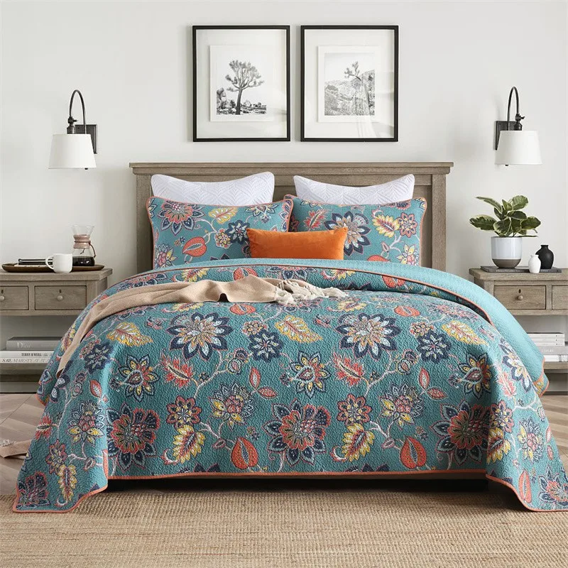 

Multicolor Paisley Blossom Full Queen Size Bedspread 3Pcs 100% Cotton Summer Quilt Gorgeous Quilted Bedspread with 2Pillowcases