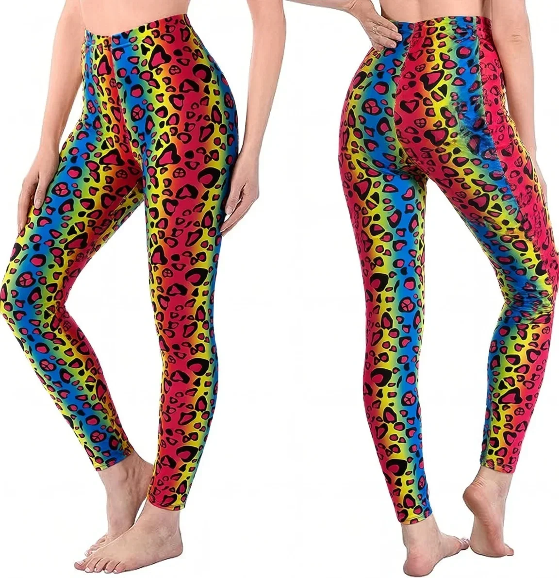 Women Multicolor Rainbow Leopard Printed Leggings High Waist Stretch Slim Fit Casual Full Length Pants
