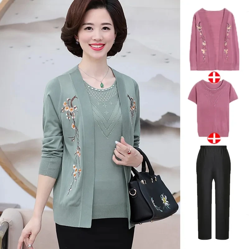 2024 NEW Middle Aged Elderly Women's Spring Summer Autumn Suit Fashion Knitted Cardigan Coat +TShirt Top 2 Pce + Pants 3 Pce Set