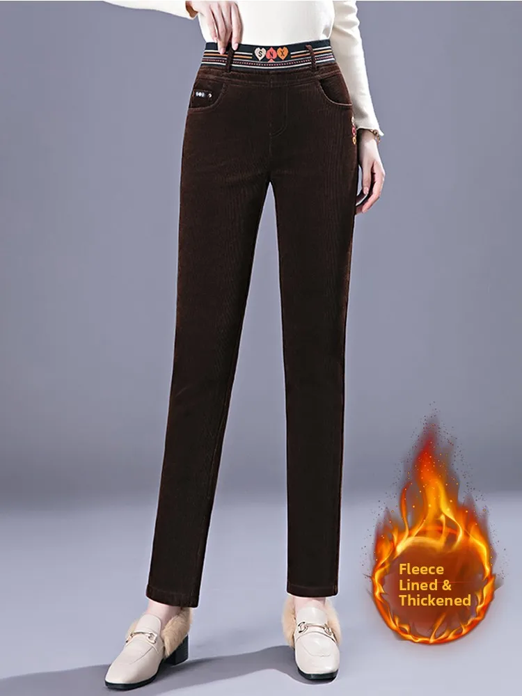 

Women's Corduroy Pants Fleece Lined Slim Fit High Waist Elastic Waist Thickened Autumn Winter New Style Casual Pants