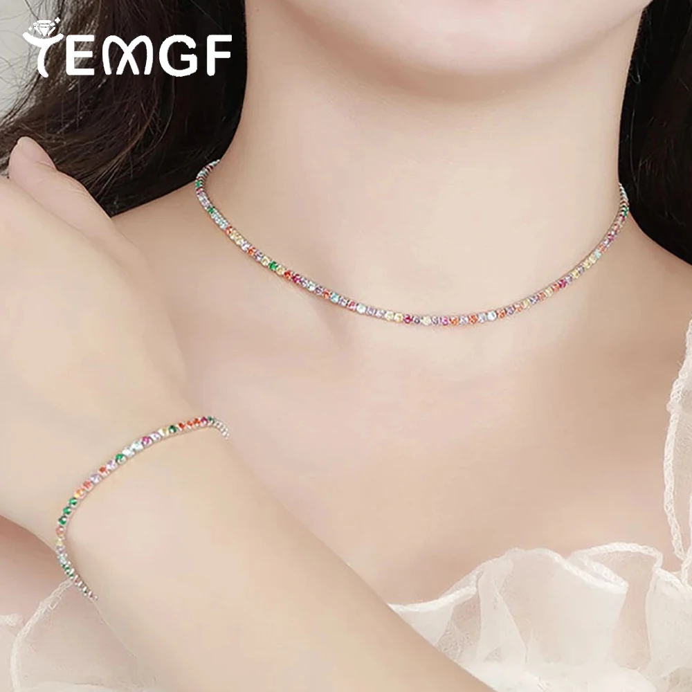 

TEMGF 2.5mm Rainbow Zircon Bracelet/Necklace 925 Sterling Silver Tennis Chain for Women Girls Fine Jewelry Fashion Birthday Gift