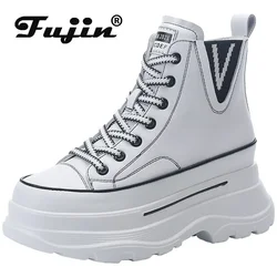 Fujin 7cm platformy trampki na koturnie masywne buty oryginalne skórzane buty bojowe damskie botki jesienne botki