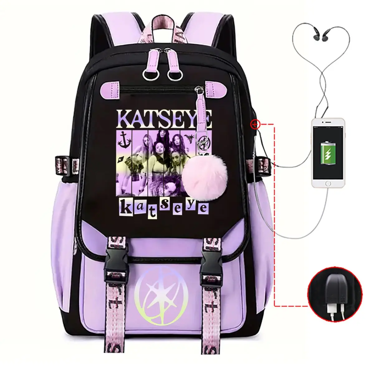 Back To School Katseye Graphic Rucksack USB Charging Port Stylish Patchwork Backpack Mochilas Teen College Girl Daily School Bag