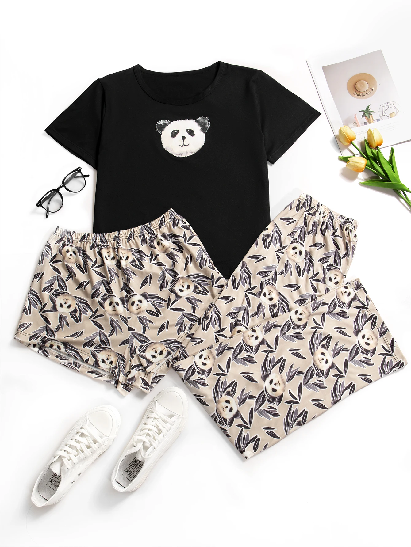 Women Pajama Set Summer Short Sleeve Round Neck Panda Print Top Elastic Band Shorts Pants Allover Prints Panda Sleepwear Set