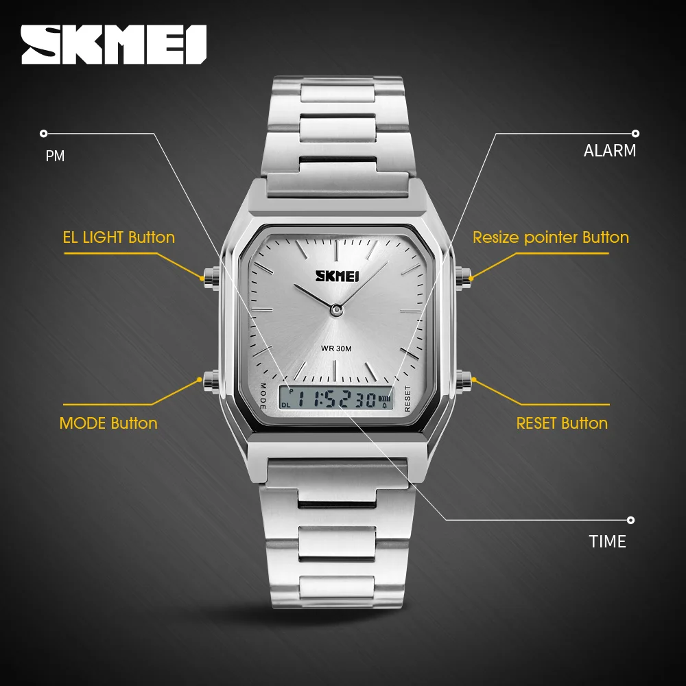 SKMEI Dual Time Sport Orologi digitali Cronografo 3Bar Orologi da polso al quarzo impermeabili Orologio alla moda casual per uomo Donna