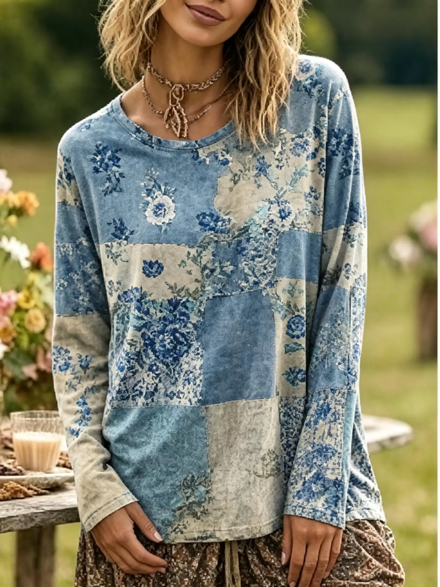 Women Long Sleeve Tee Top Vintage Patchwork Floral Print Autumn Fashion Casual Round Neck Sweatshirt Women's Clothes