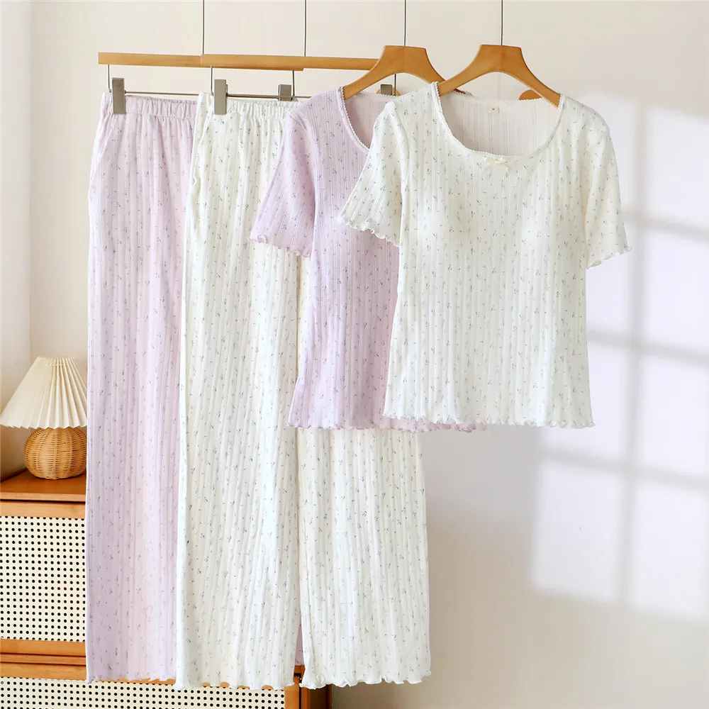 Summer Women's O-Neck Pajama Set Cotton Floral Short Sleeve Pullover Pants Two Piece Sweet Home Clothes Sleepwear