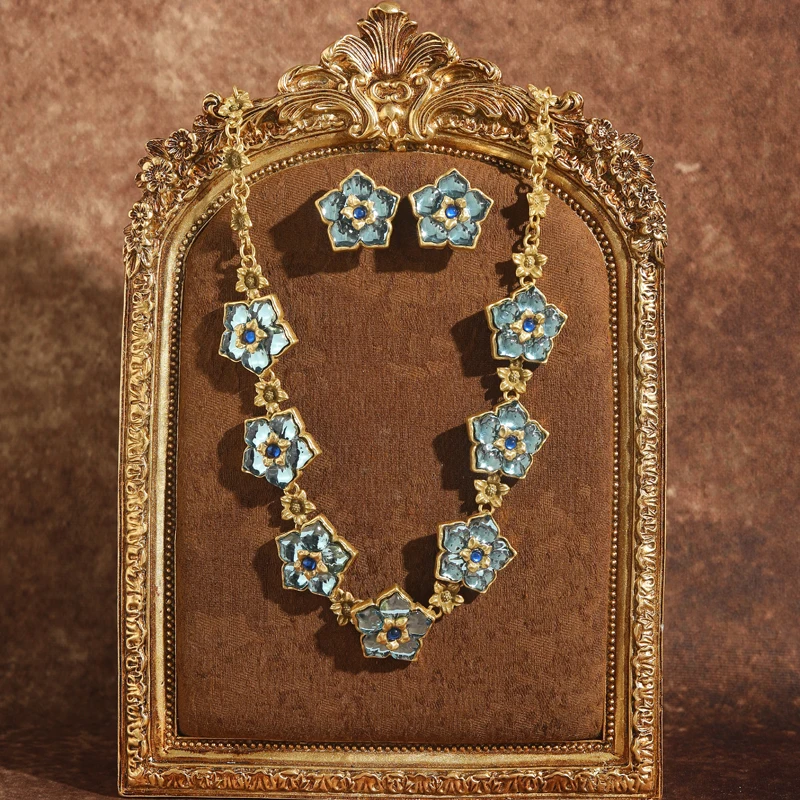 

Vintage Blue Flower Jewelry Set Gold Color Jelly Sunflower Necklace Earrings Luxury Woman Bracelet Rings For Wedding Bridal 2025