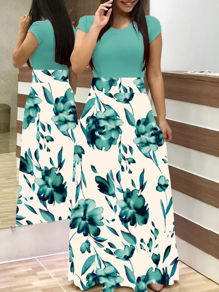 

Lady Fashion Summer Women's New Flower Print Color Block Dress Short Sleeve Long Dresses Woman Female Casual Party Clothing