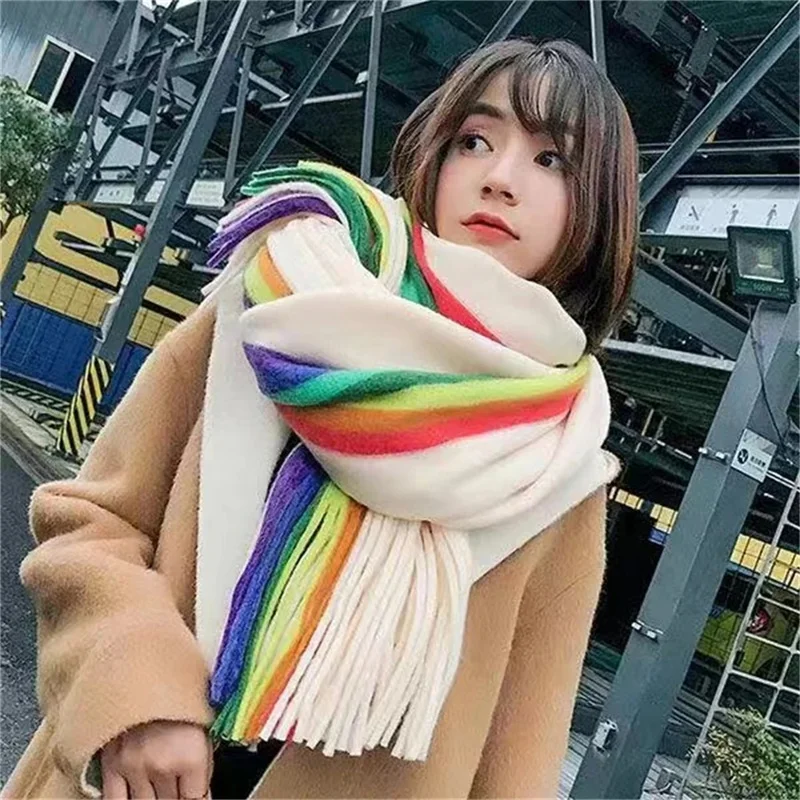 Winter Rainbow Scarf Design Women Cashmere Pashmina Warm Shawl Lady Wrap Tassel Scarves Knitted Foulard Thick Blanket 2024