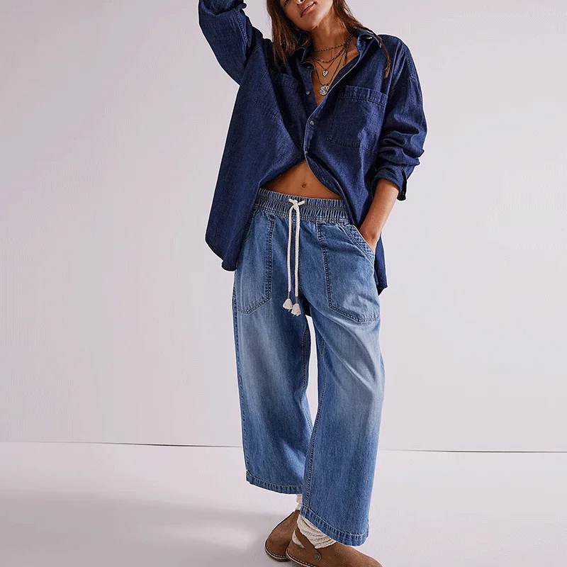 

Women Elasitc Waist Straight Jean Casual Low Waist Wide Leg Baggy Cargo Denim Pants Streetwear Casual Drawstring Boyfriend Jeans