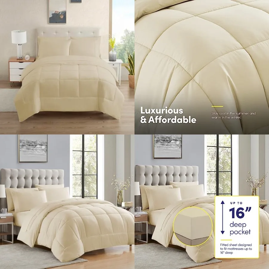 

5 Pcs Comforter Set Bag Solid Color All Season Soft Down Alternative Blanket and Luxurious Microfiber Bed Sheets