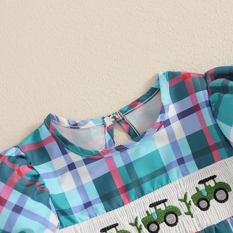 Newborn Baby Boys Girls Romper Crew Neck Short Sleeve Tractor Embroidery Plaid Bodysuit Infant Playsuit 0-18 Months