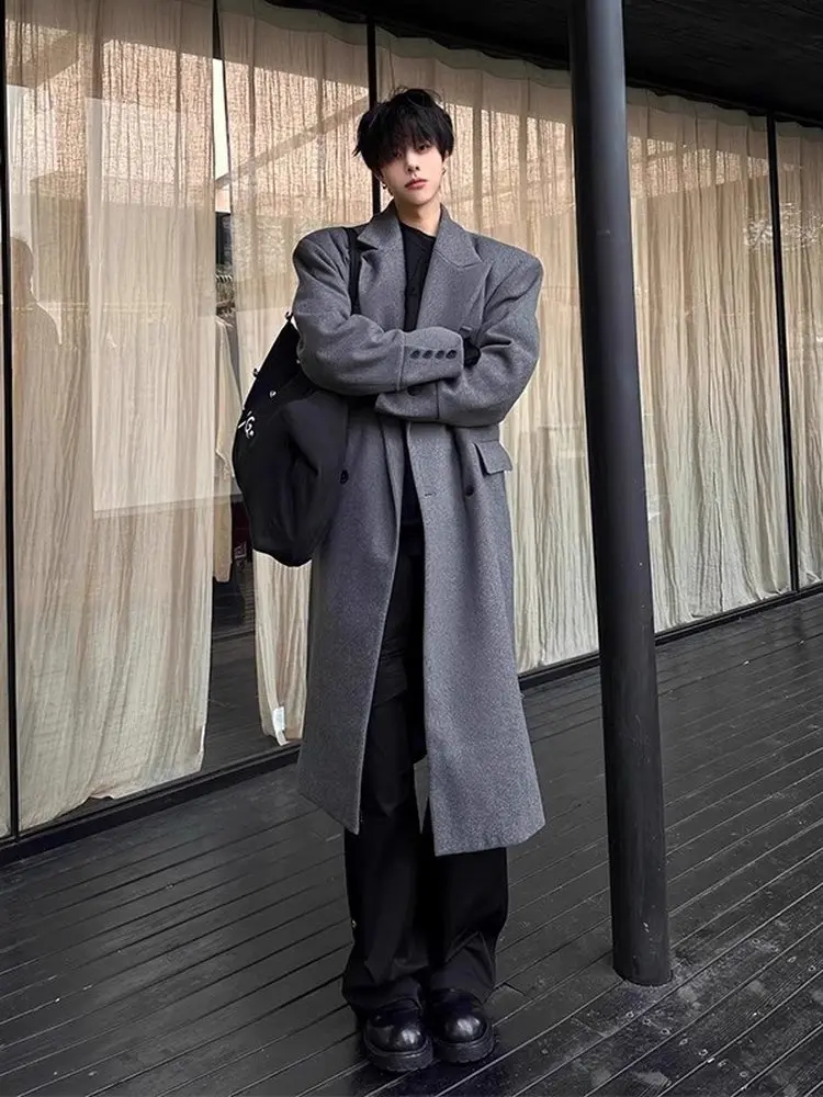 

Korean Sle oulder Pad Mid-Length Woolen Coat Men's Winter High-End Knee-Length Tweed Windbreaker Jaet Polyester Fabric